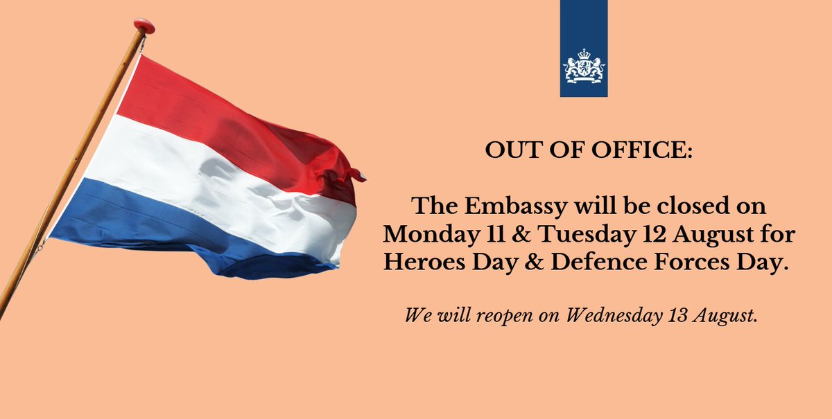 The Embassy will be closed on Monday 11 and Tuesday 12 August for Heroes Day and Defence Forces Day in Zimbabwe.  

We will reopen on Wednesday 13 August.