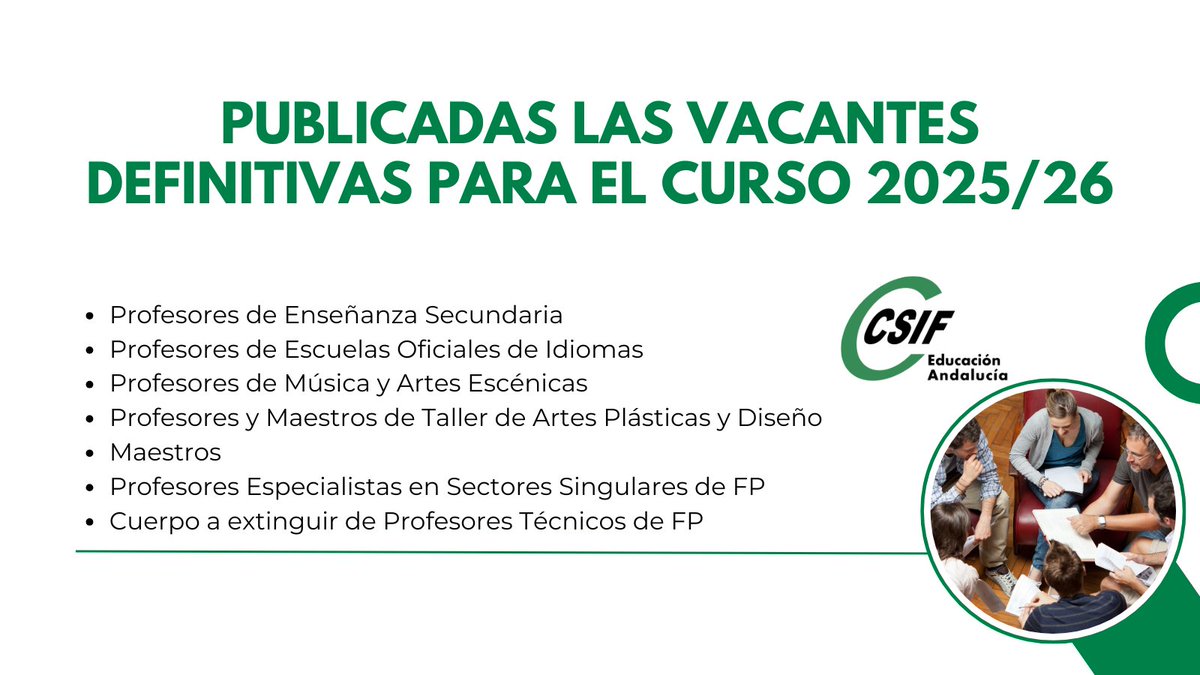CSIF Educación Andalucía (@csifensea) on Twitter photo 🗒PUBLICADAS LAS VACANTES DEFINITIVAS para el curso 2025/26
- Profesores de Enseñanza Secundaria 
- Profesores de Escuelas Oficiales de Idiomas 
- Profesores de Música y Artes Escénicas 
- Profesores y Maestros de Taller de Artes Plásticas y Diseño 
- Maestros 
- Profesores 🗒PUBLICADAS LAS VACANTES DEFINITIVAS para el curso 2025/26
- Profesores de Enseñanza Secundaria 
- Profesores de Escuelas Oficiales de Idiomas 
- Profesores de Música y Artes Escénicas 
- Profesores y Maestros de Taller de Artes Plásticas y Diseño 
- Maestros 
- Profesores