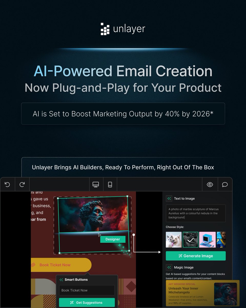 Add AI-powered design automation to your product in days, not months.🗓️
Unlayer helps you embed builders that generate on-brand, mobile-ready content— programmatically, with less dev lift.🚀