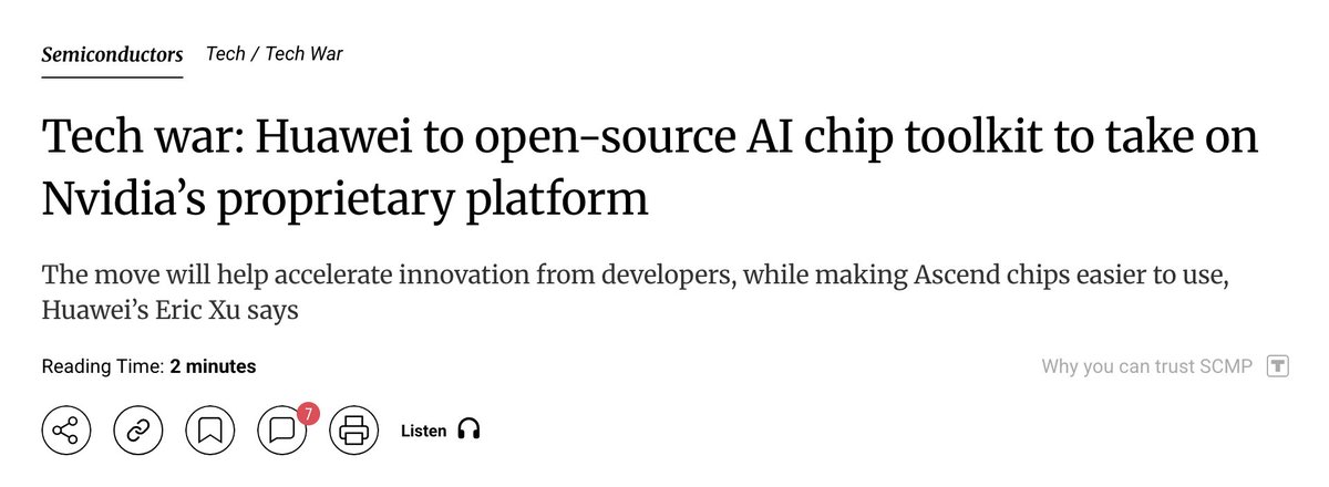 Big deal here. Huawei will open-source its software for AI chips Compute Architecture for Neural Networks (CANN). 

H/T: <a href="/zephyr_z9/">Zephyr</a>