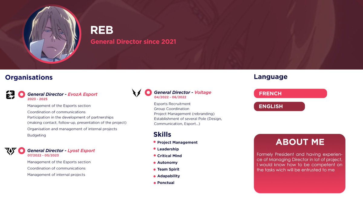 EvozA Reb (@rebonlyreb) on Twitter photo F/A POST 🚨
Je suis à la recherche d'un nouveau projet en tant que Directeur Général :
Mes précédentes organisations :
<a href="/EvozAEsport/">EvozA Esport</a>
<a href="/RealityzeSport/">Reality Zone</a>
<a href="/VCTRYEsports/">VCTRY Esports</a>
<a href="/Esport_Voltage/">Voltage</a>
<a href="/lyost_esport/">Lyost</a>
Mes DM sont ouverts si vous voulez en discuter. ✉️
🔁&❤️ F/A POST 🚨
Je suis à la recherche d'un nouveau projet en tant que Directeur Général :
Mes précédentes organisations :
<a href="/EvozAEsport/">EvozA Esport</a>
<a href="/RealityzeSport/">Reality Zone</a>
<a href="/VCTRYEsports/">VCTRY Esports</a>
<a href="/Esport_Voltage/">Voltage</a>
<a href="/lyost_esport/">Lyost</a>
Mes DM sont ouverts si vous voulez en discuter. ✉️
🔁&❤️