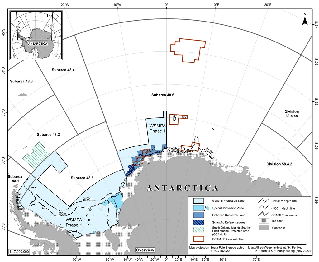 Weddell Sea Phase 1 MPA would protect 2.2 million km² of the Southern Ocean and is the largest proposed MPA in the Southern Ocean. ❄️ It safeguards biodiversity, supports global ocean circulation, and balances science and protection with research zones. 🐧🦐
Credit: CCAMLR 2021