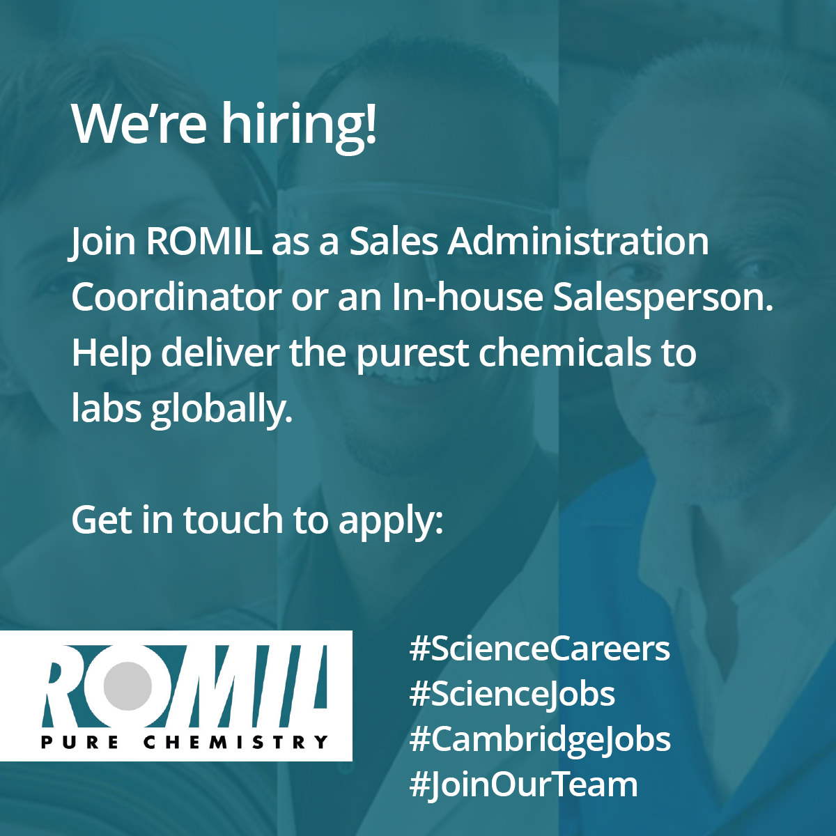 We’re hiring! 

Join ROMIL as a Sales Administration Coordinator or an In-house Salesperson. Help deliver the purest chemicals to labs globally. 

Get in touch to apply: ow.ly/1kiv50WxbO2

#ScienceCareers #ScienceJobs #CambridgeJobs #JoinOurTeam