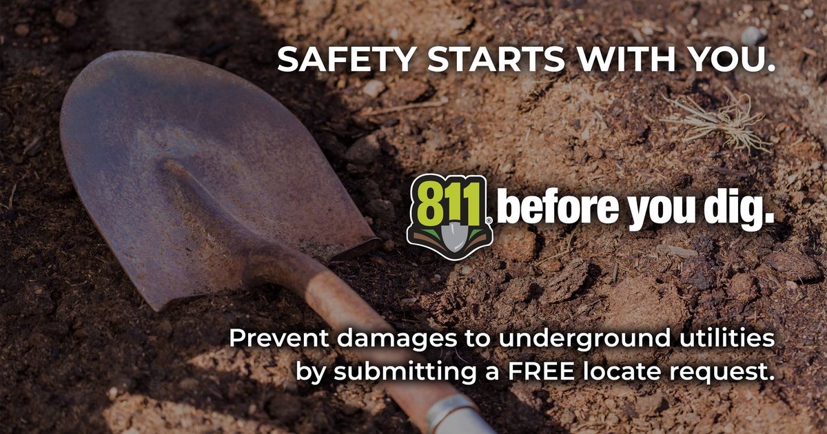 Prevent damage to underground utilities, injury, property damage, and service outages by submitting a FREE locate request to 811!

Contact Alabama 811 (al811.com)  two to 10 days prior to the start of excavation.
It’s FREE, it’s SIMPLE, it’s the LAW.