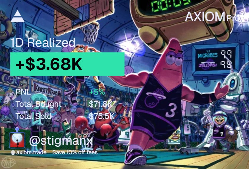 Good start 

axiom.trade/@stigman 

New wallet:
8fsKLLtvKNanL4ginCaiRS6UfeemY11rSf8U8fN1dJw4