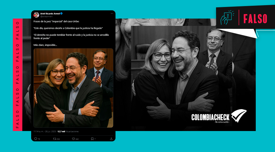 🚩 Una imagen viral muestra falsamente a la jueza Sandra Heredia abrazando a Iván Cepeda, con Petro al fondo.
Fue generada con IA. Se usa para atacar el fallo contra Uribe, pero no hay evidencia de que la escena haya ocurrido. 🔗 acortar.link/OIchnp