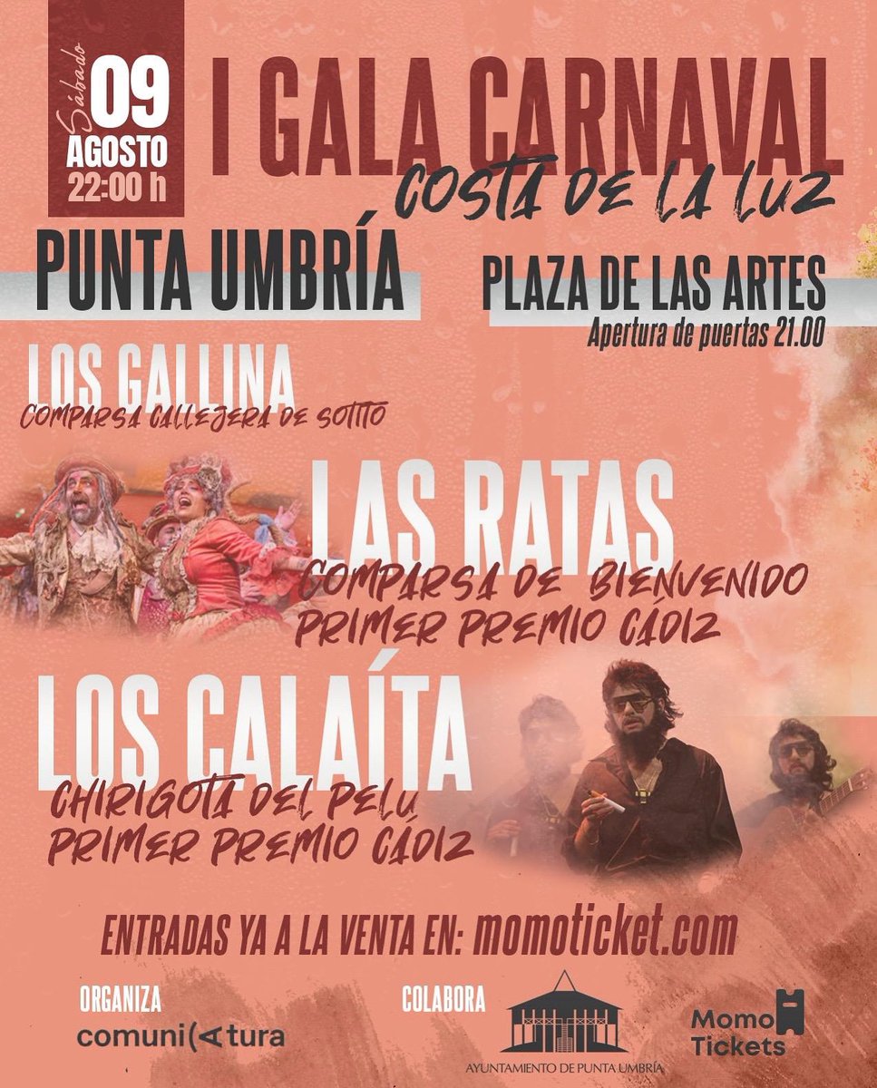 Sábado 9/08 ~ 𝐂𝐨𝐬𝐭𝐚 𝐝𝐞 𝐥𝐚 𝐋𝐮𝐳 🎭

📍 Punta Umbría (Huelva)
⏰ 22:00 horas 

#𝕃𝕠𝕤ℂ𝕒𝕝𝕒í𝕥𝕒 #𝕃𝕒𝕤ℝ𝕒𝕥𝕒𝕤 #ℙ𝕦𝕟𝕥𝕒𝕌𝕞𝕓𝕣í𝕒