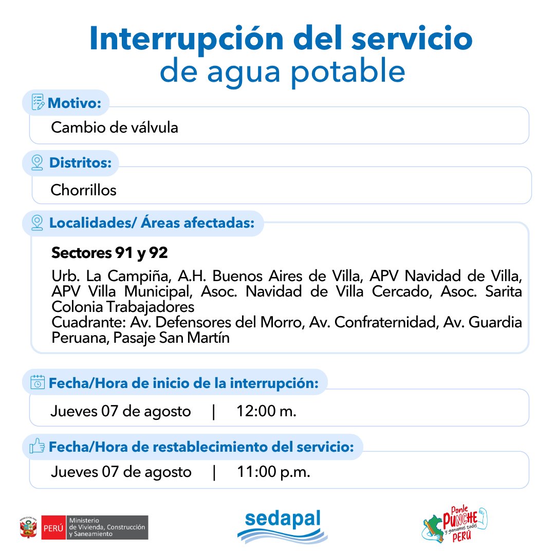 SedapalOficial's tweet image. 📝 Atención vecinos de #Chorrillos, con el fin de mejorar la calidad del servicio, #Sedapal tiene trabajos programados para el 7 de agosto por lo que se interrumpirá parcialmente el servicio de agua en algunos sectores. Más detalles aquí 👇#InterrupciónDelServicio