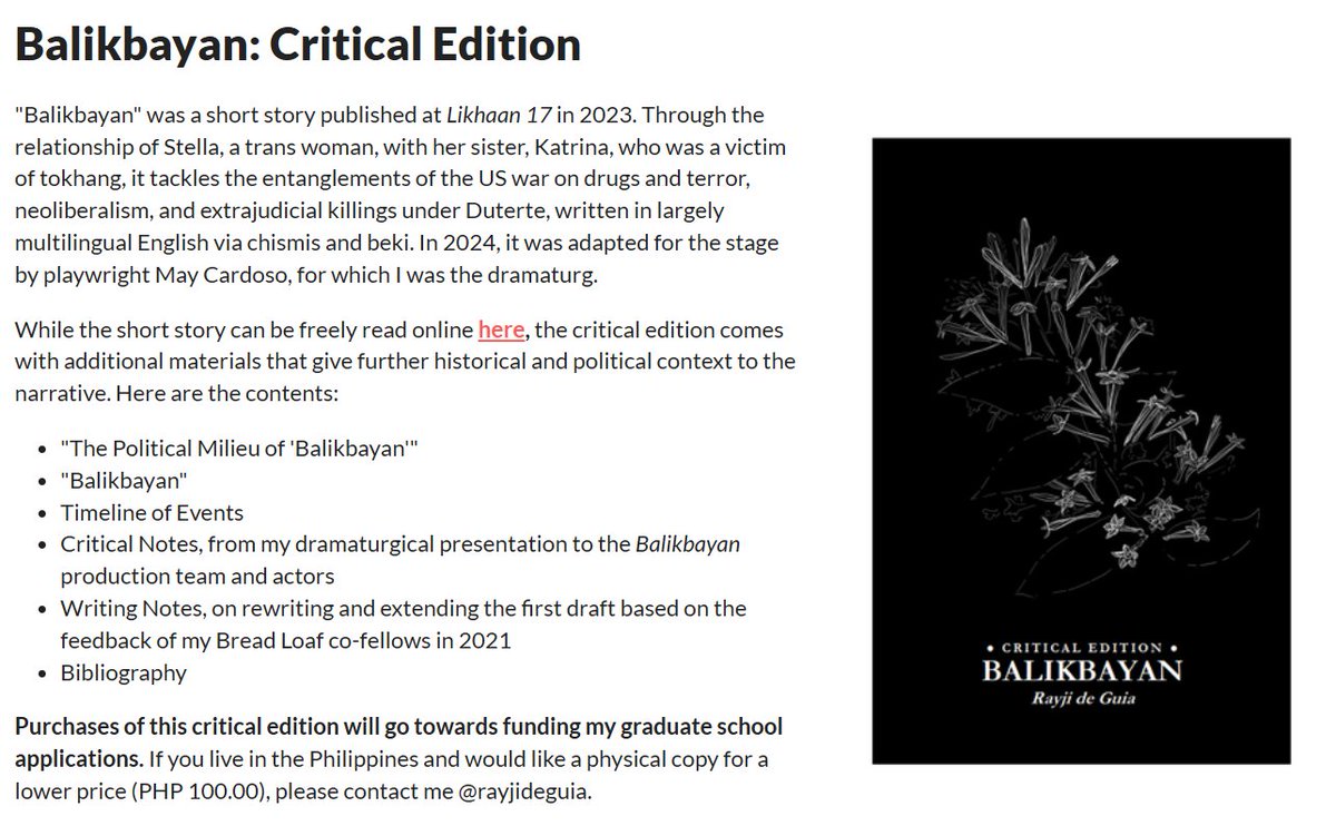 to raise funds for my grad school application, i have uploaded the critical edition of "balikbayan", which comes with extra materials that give historical and political context to the narrative. 

it is available for $3.00 here: rayjideguia.itch.io/balikbayan-cri…

thank you!