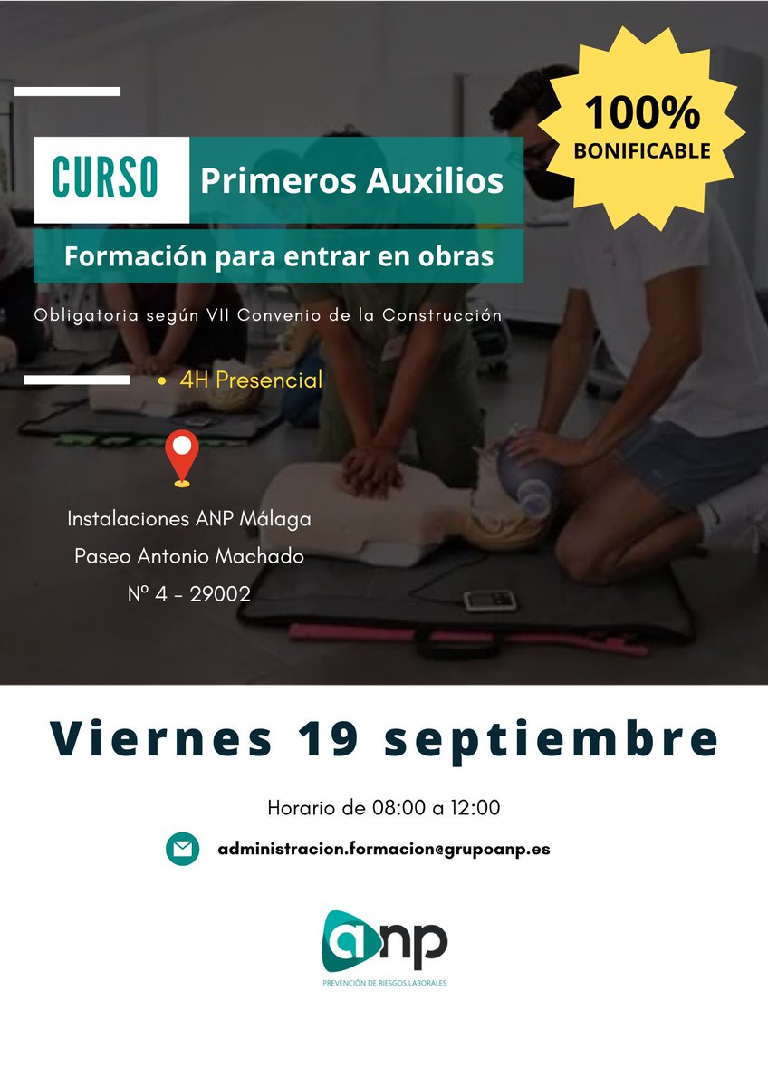 🆘 Curso de Primeros Auxilios en Equipos de Emergencia 🆘
⏱️ Duración: 4 horas
📅 Fecha: Viernes 19 de septiembre
🕗 Horario: de 08:00 a 12:00 h
📍 Lugar: Instalaciones de ANP – Málaga

Formación esencial para actuar con seguridad y eficacia.