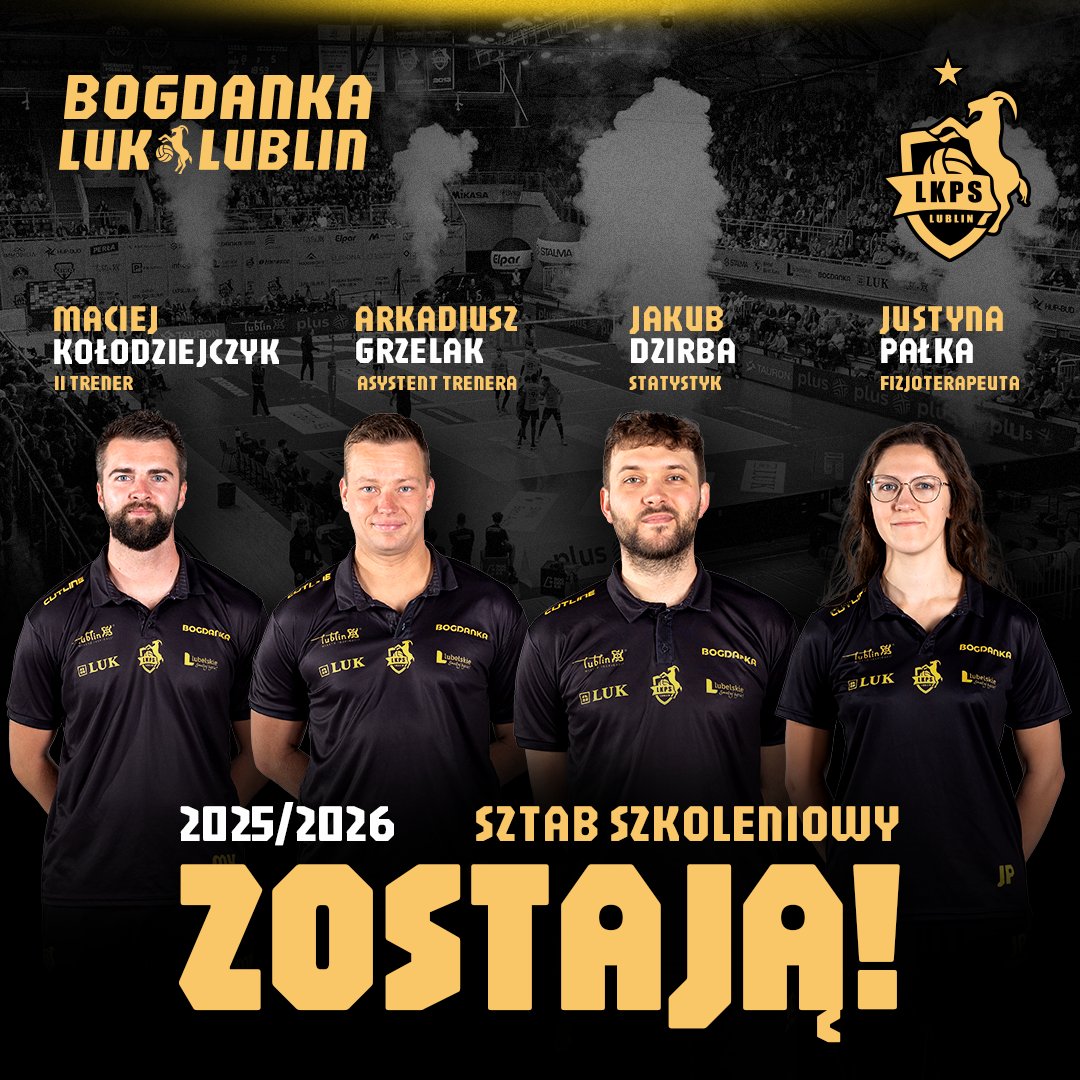 𝗭𝗢𝗦𝗧𝗔𝗝𝗔̨! 💛🖤

W sezonie 2025/2026 w sztabie szkoleniowym BOGDANKI LUK Lublin pozostają: II trener Maciej Kołodziejczyk, asystent trenera Arkadiusz Grzelak, statystyk Jakub Dzirba i II fizjoterapeuta Justyna Pałka!