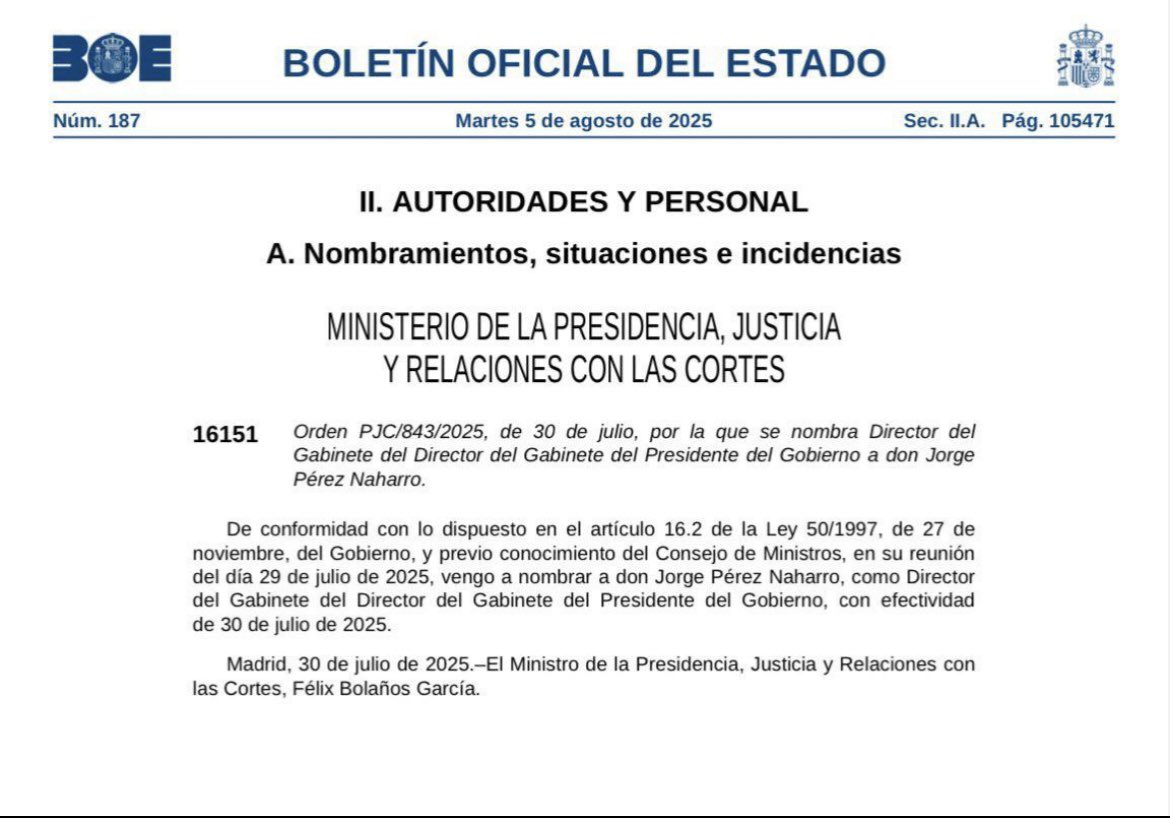Parece coña pero es cierto: en el BOE de hoy 5 de agosto se nombra Director del Gabinete del Director del Gabinete. 🤯. Carga salarial entre 80-90.000. No es magia, son tus impuestos (y los míos). Basta ya.