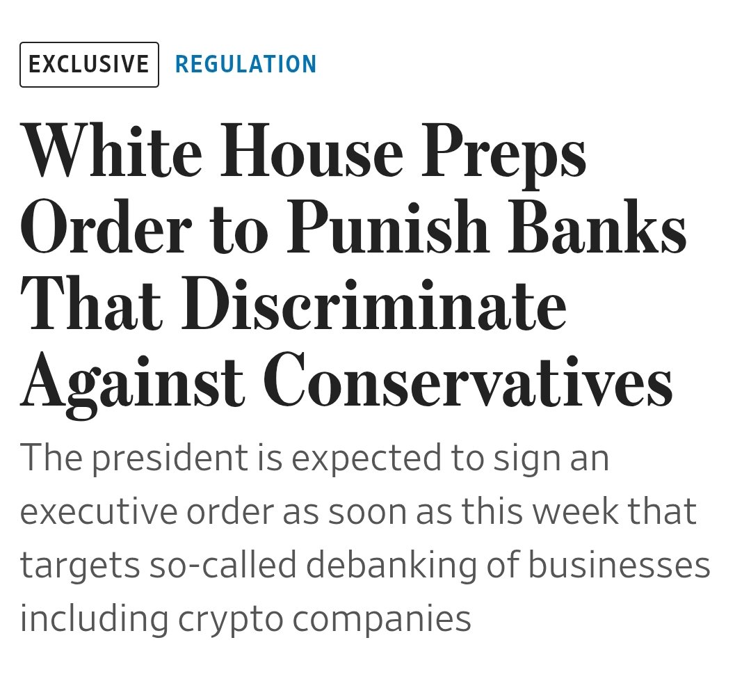 NEW: White House Prepares Order to Penalize Banks Discriminating Against  Conservatives The president is expected to sign an executive order this  week targeting the debanking of businesses, including crypto companies.