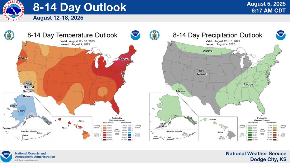 Latest forecast from the Climate Prediction Center suggests above normal temperatures and near-normal precipitation are expected across southwest KS during the middle of August. #kswx