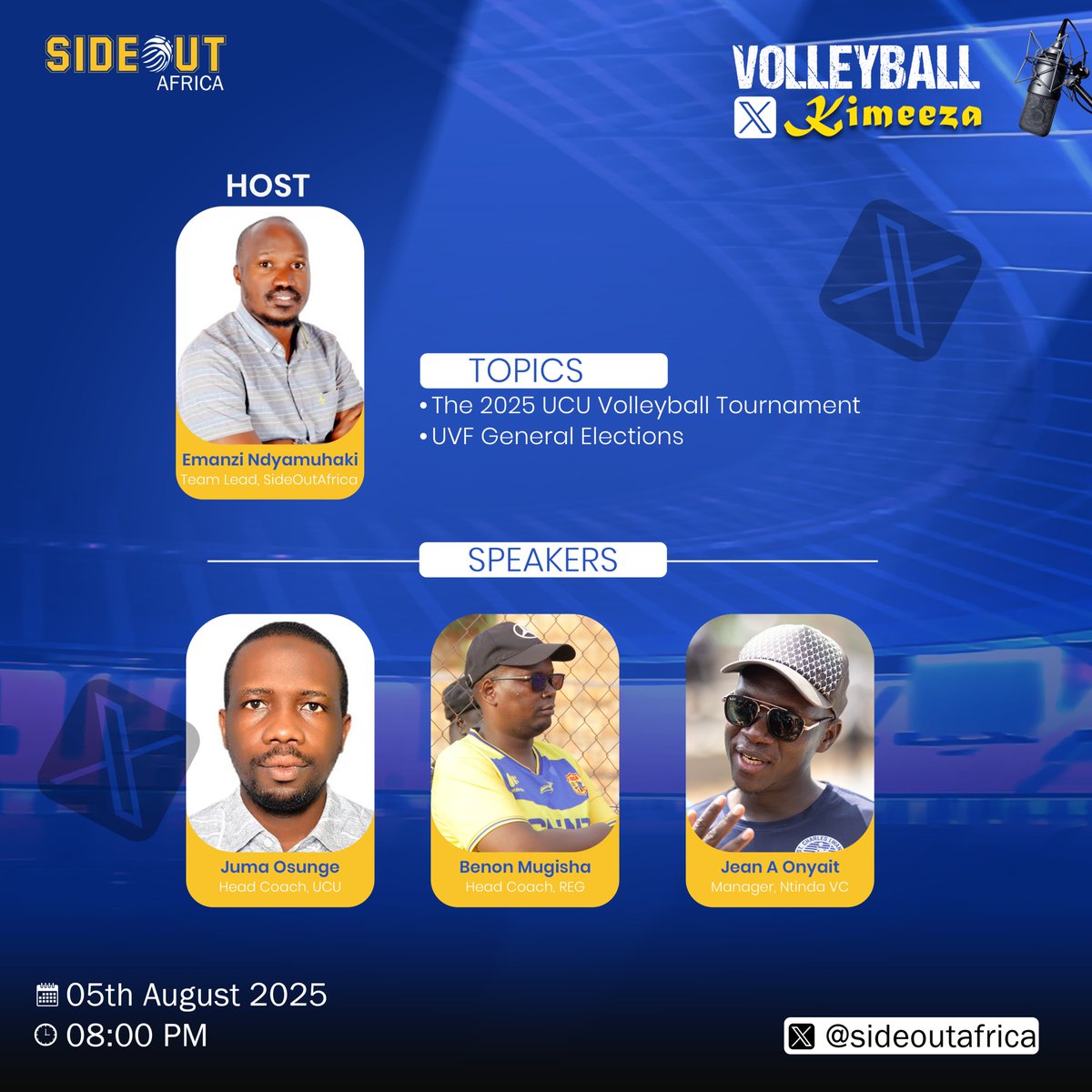 🚨VOLLEYBALL KIMEEZA🏐
We're thrilled to bring back the Volleyball Kimeeza, bigger and better. 
Join us to discuss UCU Open and the 2025 UVF General Elections this evening at 08:00PM.

Link: x.com/i/spaces/1zqKV…
#SideOutAfrica | #VolleyballKimeeza