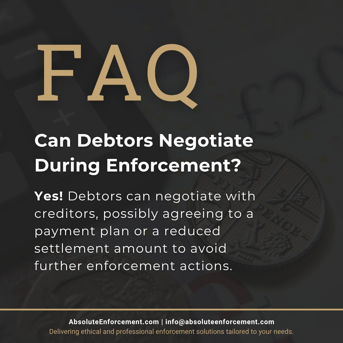 💬 Can debtors negotiate during enforcement?

Yes! They can agree to a payment plan or reduced settlement to avoid further action.

Enforcement is about resolution, not just recovery.

#DebtResolution #DebtRecovery #Negotiation #AbsoluteEnforcement
