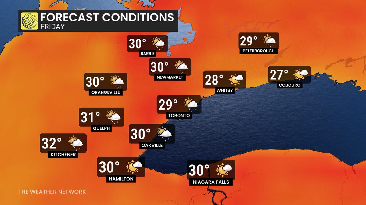 Hazy (smoky) sunshine &amp; warm (near seasonal) today w/ an east breeze off Lake Ont.; Similar weather Wed. &amp; Thursday - isolated t-storms possible but most places stay dry; Sunny &amp; hot weekend w/ passing showers/t-storms possible; Muggy &amp; better chance for t-storms next week #onwx
