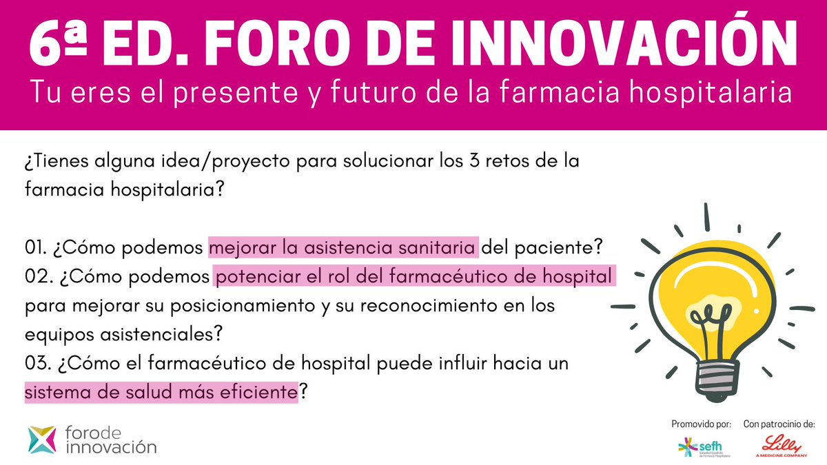 💡🚀¿Tienes una idea innovadora para transformar la farmacia hospitalaria? 

📅 Hasta el 30 de septiembre puedes enviar tu propuesta al VI #ForoInnovacionSEFH 👉 foroinnovacion-6edicion.sefh.es

Retos 2025:
✅ Mejorar la asistencia al paciente
✅ Potenciar el rol del farmacéutico
✅