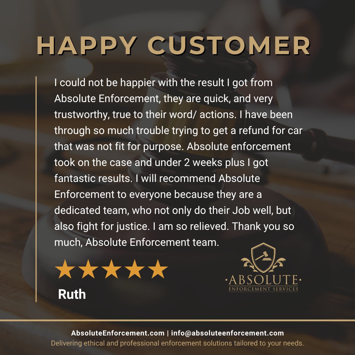 Faulty car refund reclaimed ✅
One very relieved client ✅

📩 Let us help you too.

#ClientSuccess #JusticeServed #DebtRecovery #AbsoluteEnforcement