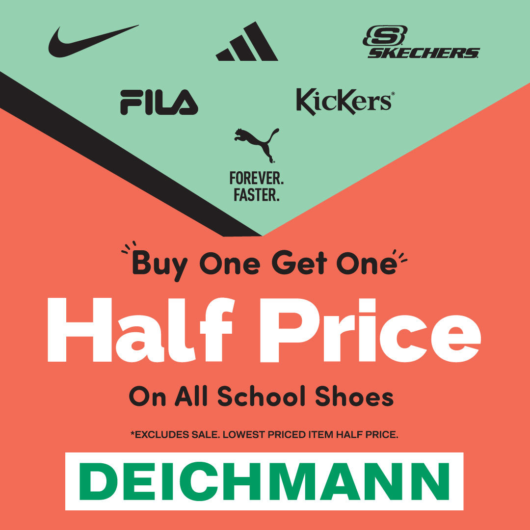 Get back to school ready with a Buy One Get One Half Price offer on all school shoes  at Deichmann! The offer includes hundreds of lines with big brands such as Kickers,  Skechers, Hush Puppies, Nike, adidas,  Fila plus new for this year, ToeZone! Offer ends 7 September.