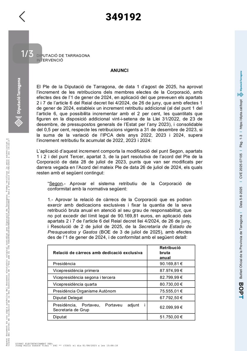 Tarragona_AC's tweet photo. 🚨Com que no tenen vergonya ni la coneixen, tots aquests paràsits de la @Dipta_cat s'han apujat el sou.
Hem d'acabar amb totes aquestes corrupteles. https://t.co/ZwvBpV6q5r