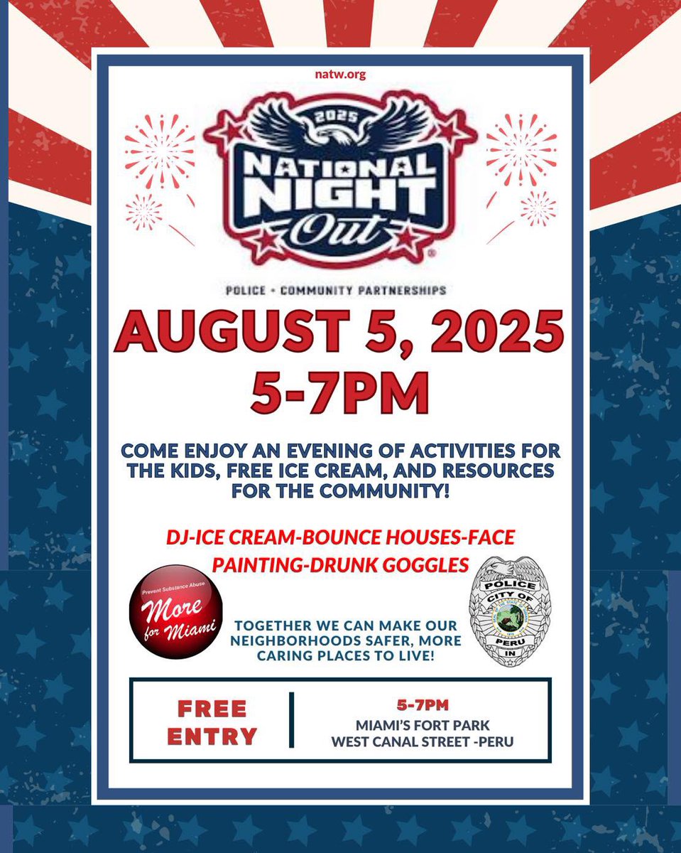 PeruPD (@perupd) on Twitter photo Today’s the day! Join us from 5pm-7pm at Miami’s Fort for the 2025 National Night Out event!
We’ll have a DJ, ice cream, bounce houses, face painting and more! Come get to know some of your local officers and join us for a great time! Today’s the day! Join us from 5pm-7pm at Miami’s Fort for the 2025 National Night Out event!
We’ll have a DJ, ice cream, bounce houses, face painting and more! Come get to know some of your local officers and join us for a great time!