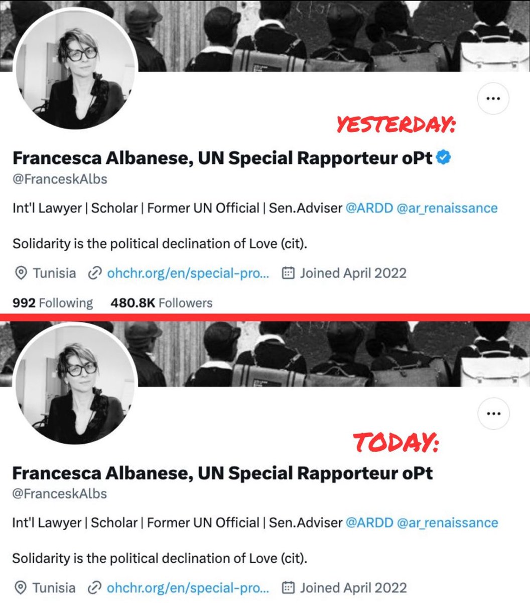 U.N RAPPORTEUR FRANCESCA ALBANESE HAS CHECKMARK REMOVED FROM X

This is after pressure from the Zionist lobby on Musk

Zionist Statement:

“BREAKING: After our legal appeal to Elon Musk to enforce the new U.S. sanctions against Hamas terrorism supporter Francesca Albanese, her