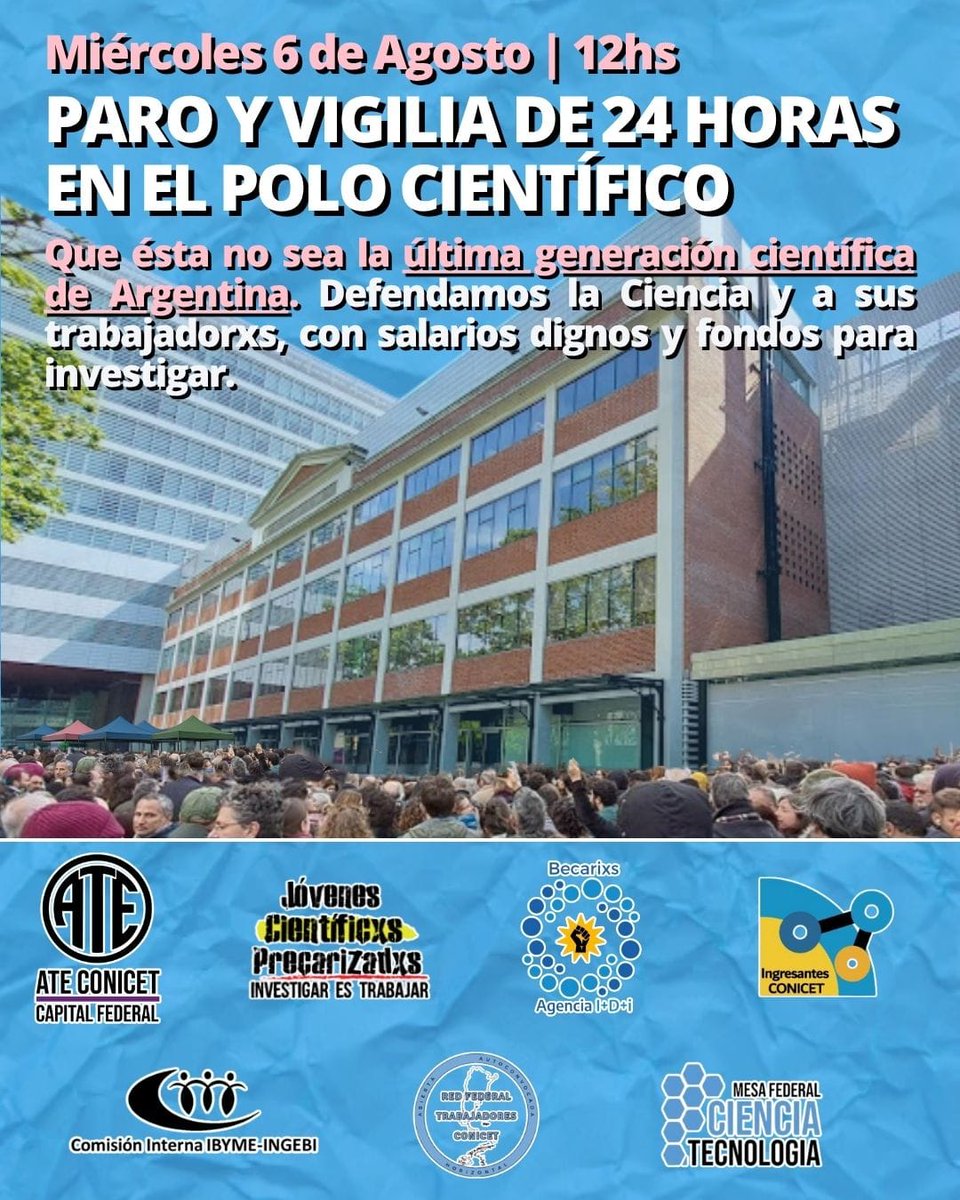 mesa_cytec's tweet photo. ✊ Paro de 48 hs en #CONICET y vigilia en el Polo Científico este miércoles y jueves. https://t.co/6mmB1UP47i