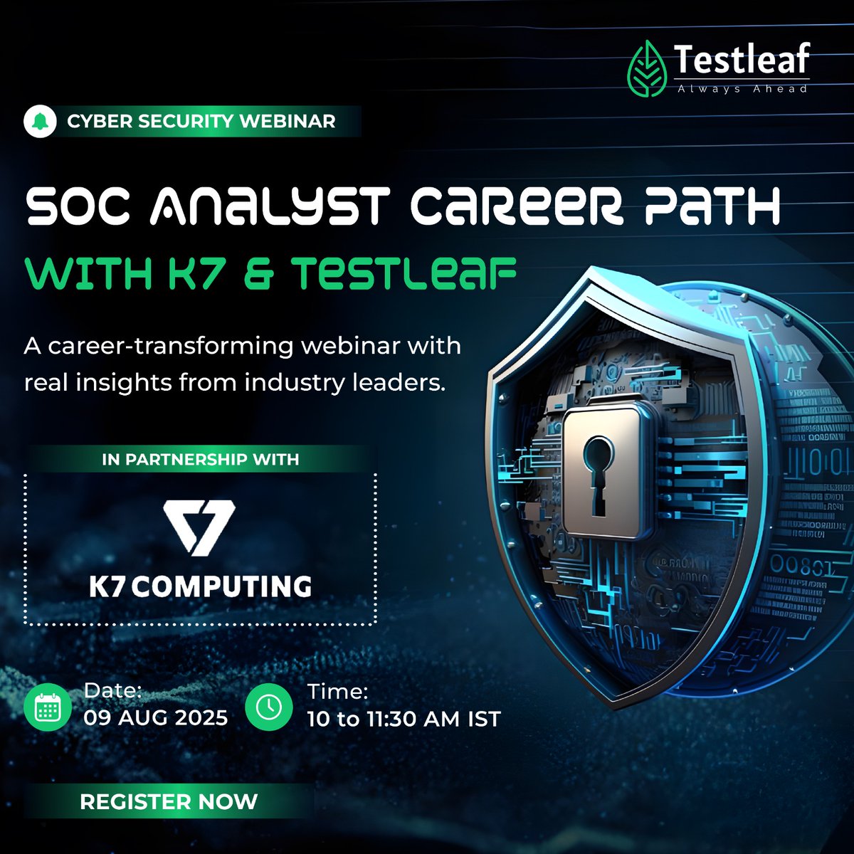 Testleaf1's tweet image. Secure Your Seat for the &quot;SOC Analyst Career Path Webinar&quot;  Hosted by TestLeaf × K7 Computing

Learn how to launch your cybersecurity career and become a Certified SOC Analyst from experts.

📲 Register now → soc.testleaf.com  

#CyberSecurity #TestLeaf #K7Computing