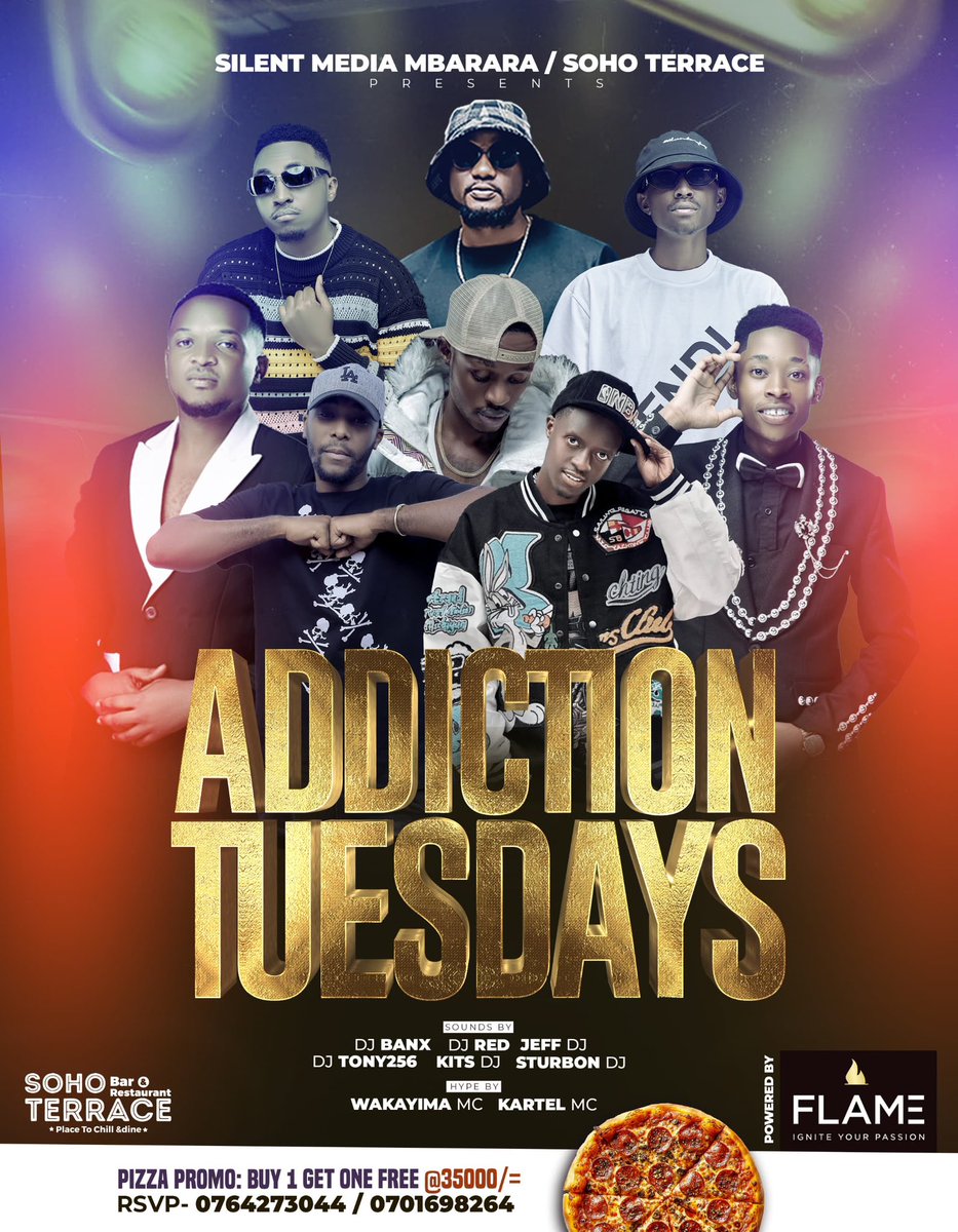 Shan Bae Official 🦋 (@shanbae012) on Twitter photo Let’s get addicted tonight at <a href="/SoHoTerraceMbra/">SoHo Terrace</a>
#AddictionTuesdaysAtSoHo
🍕 Pizza promo buy one get one free on house
Sponsored by <a href="/FlameCondomsUG/">Flame Condoms UG</a> 🔥 Let’s get addicted tonight at <a href="/SoHoTerraceMbra/">SoHo Terrace</a>
#AddictionTuesdaysAtSoHo
🍕 Pizza promo buy one get one free on house
Sponsored by <a href="/FlameCondomsUG/">Flame Condoms UG</a> 🔥