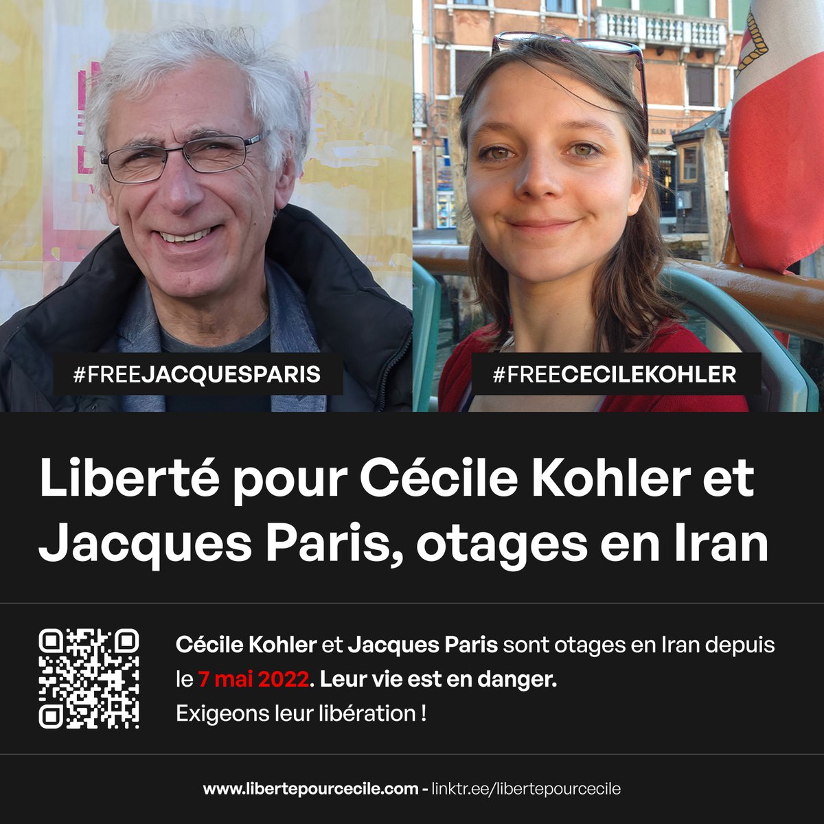 1186e jour de détention arbitraire dans un lieu inconnu, de chantage sur leur vie, de torture, souffrance et terreur pour Cécile Kohler et Jacques Paris, otages d’État en Iran. Ne les oublions pas <a href="/Francetele/">France Télévisions</a> <a href="/franceinfo/">franceinfo</a> <a href="/radiofrance/">Radio France</a> <a href="/France_MM/">France Médias Monde</a> #FreeCecileKohler #FreeJacquesParis