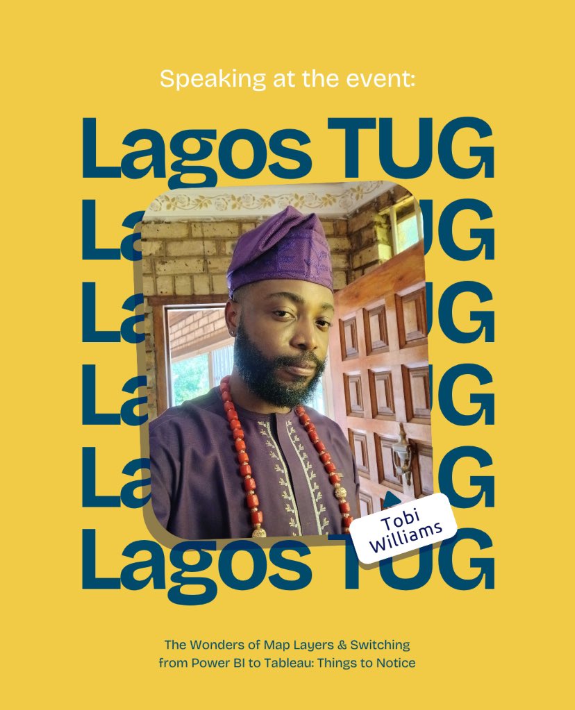 Lagos Tableau User Group (@lagostug) on Twitter photo We’re excited to have <a href="/mrAy0xu/">Tobi Williams</a> at our one year anniversary event where He’ll be taking us through an insightful session titled:
“The Wonders of Map Layers & Switching from Power BI to Tableau: Things to Notice”
Don’t miss this session!
RSVP 🔗: usergroups.tableau.com/events/details… We’re excited to have <a href="/mrAy0xu/">Tobi Williams</a> at our one year anniversary event where He’ll be taking us through an insightful session titled:
“The Wonders of Map Layers & Switching from Power BI to Tableau: Things to Notice”
Don’t miss this session!
RSVP 🔗: usergroups.tableau.com/events/details…
