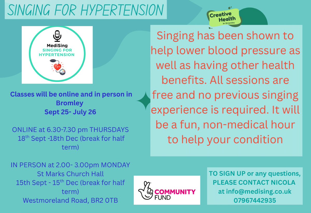 CLB (@commlinksbrom) on Twitter photo We are thrilled that MediSing has secured funding to offer a year's worth of free Singing for Hypertension classes in #Bromley & online. The pilot, funded by the <a href="/LBofBromley/">Bromley Council</a> Innovation fund, has shown singing helps lower blood pressure as well as having other health benefits. We are thrilled that MediSing has secured funding to offer a year's worth of free Singing for Hypertension classes in #Bromley & online. The pilot, funded by the <a href="/LBofBromley/">Bromley Council</a> Innovation fund, has shown singing helps lower blood pressure as well as having other health benefits.