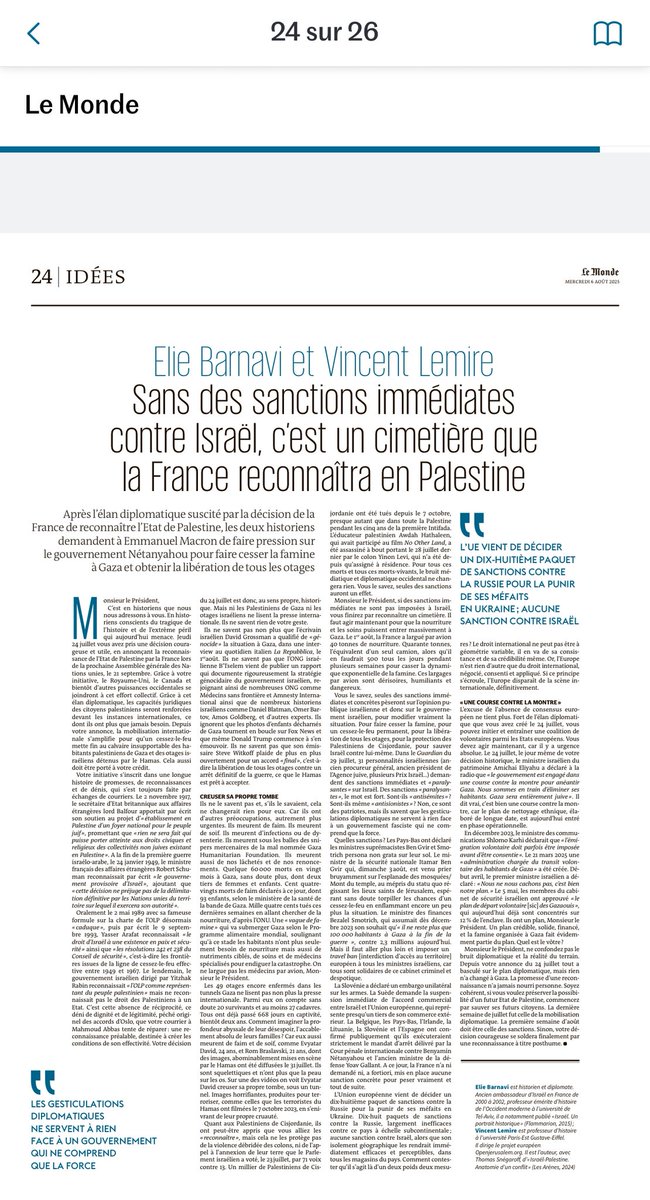 🇮🇱 🇵🇸 Elie Barnavi et Vincent Lemire : “C’est bien une course contre la montre, car le plan de nettoyage ethnique, élaboré de longue date, est aujourd’hui entré en phase opérationnelle.” lemonde.fr/idees/article/…
“Ni les Palestiniens de Gaza ni les otages israéliens ne lisent la