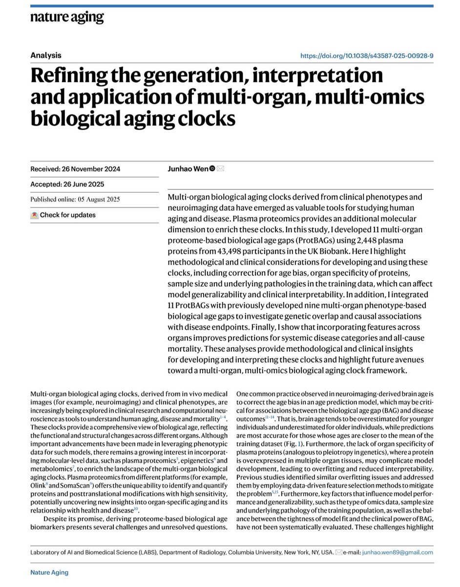Junhao (Hao) Wen (@junhaowen) on Twitter photo Over the moon to share my Comment/Analysis on refining the use of multi-organ, multi-omics aging clocks at <a href="/NatureAging/">Nature Aging</a>
Public access at: rdcu.be/ezky8
Although this is a solo author paper, this line of work all starts with open-minded collaboration and support Over the moon to share my Comment/Analysis on refining the use of multi-organ, multi-omics aging clocks at <a href="/NatureAging/">Nature Aging</a>
Public access at: rdcu.be/ezky8
Although this is a solo author paper, this line of work all starts with open-minded collaboration and support
