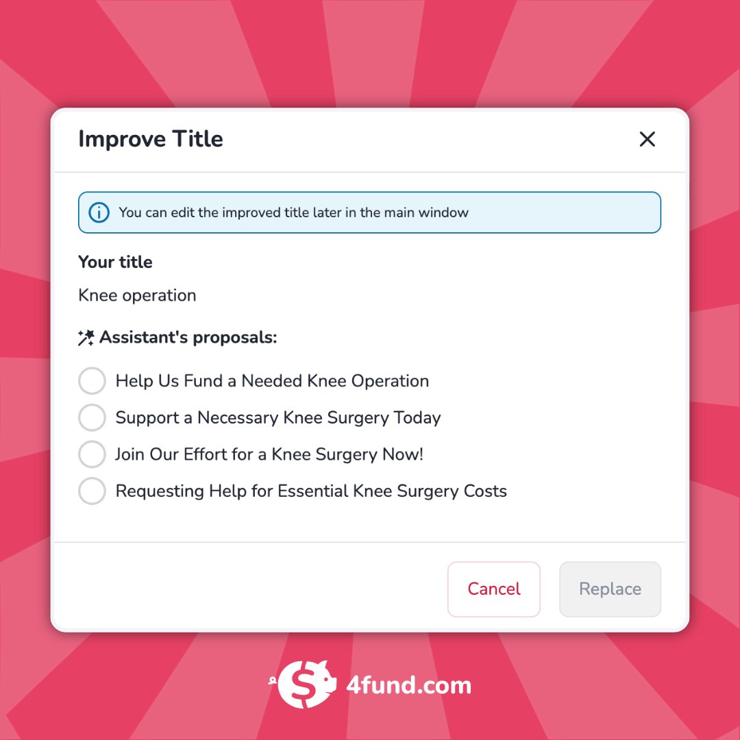 Sometimes, when life gets tough, we can't find the words to express how we feel.

✅ That's why we've launched on 4fund.com an AI-powered assistant to help you communicate your fundraising goal clearly and effectively!

Remember, it's okay to ask for help! ❤️