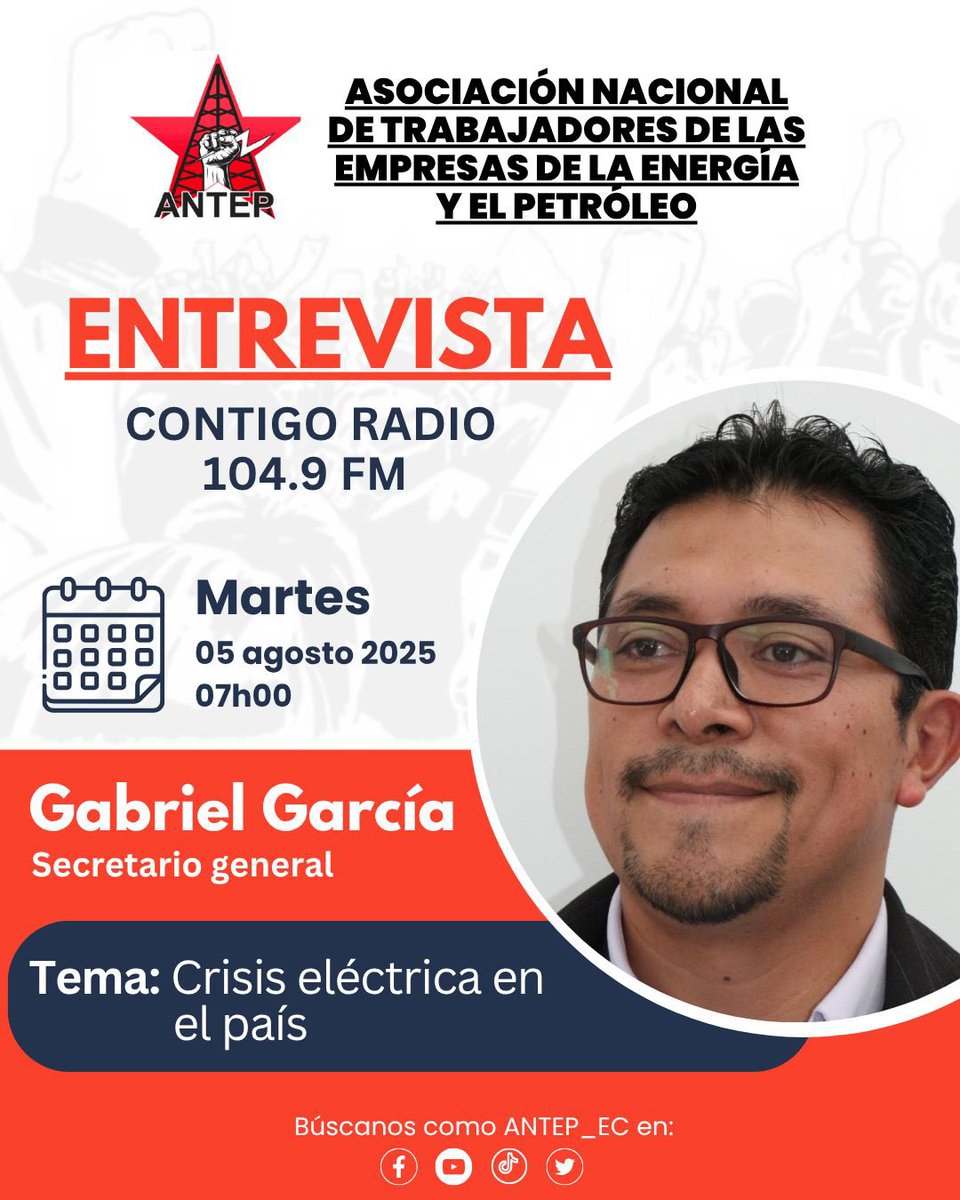 ANTEP (@antep_ec) on Twitter photo 📻 #AntepEnMedios |Hoy, a las 🕖 07h00, acompáñanos en una entrevista en Contigo Radio 104.9 FM 🎙️
🎤 <a href="/GabrielOGarciaV/">Gabriel Garcia</a> , Secretario General de ANTEP, hablará sobre una posible crisis eléctrica en el país, sus causas y las verdaderas consecuencias para el país.
Sigue la 📻 #AntepEnMedios |Hoy, a las 🕖 07h00, acompáñanos en una entrevista en Contigo Radio 104.9 FM 🎙️
🎤 <a href="/GabrielOGarciaV/">Gabriel Garcia</a> , Secretario General de ANTEP, hablará sobre una posible crisis eléctrica en el país, sus causas y las verdaderas consecuencias para el país.
Sigue la