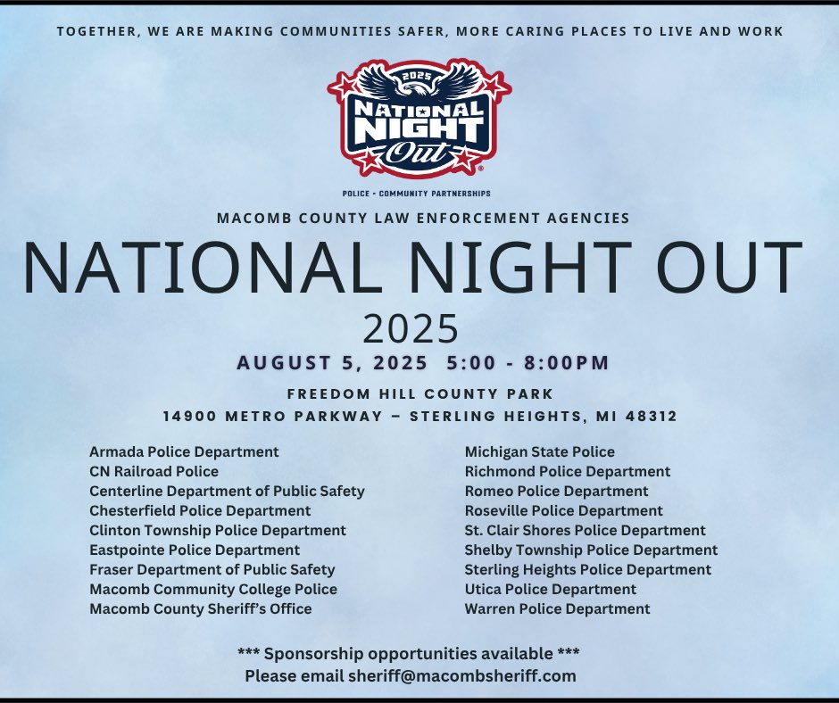 Good morning!

It is election day across the district in many locations. Check out your local government website to see if there is an election in your city and go out and vote! 

It is also National Night Out. We will be at the Freedom Hill County park tonight with other Macomb