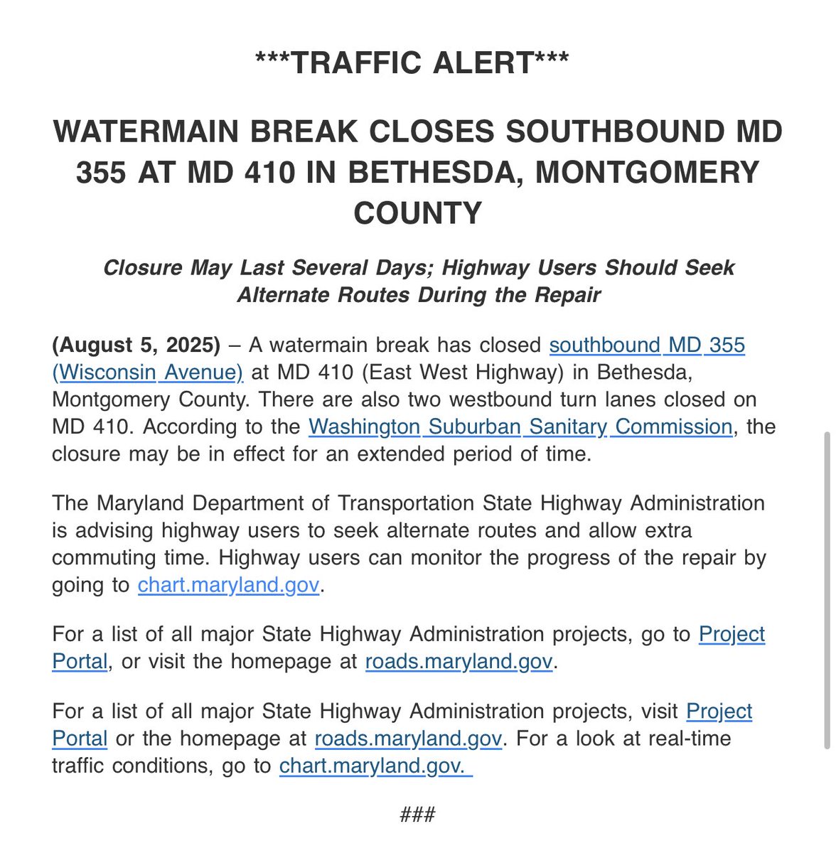 Marc Korman (@mkorman) on Twitter photo Prepare for traffic challenges at 355 and East West Highway as the State Highway Administration works with <a href="/WSSCWaterNews/">WSSC Water</a> on a water main break. Prepare for traffic challenges at 355 and East West Highway as the State Highway Administration works with <a href="/WSSCWaterNews/">WSSC Water</a> on a water main break.