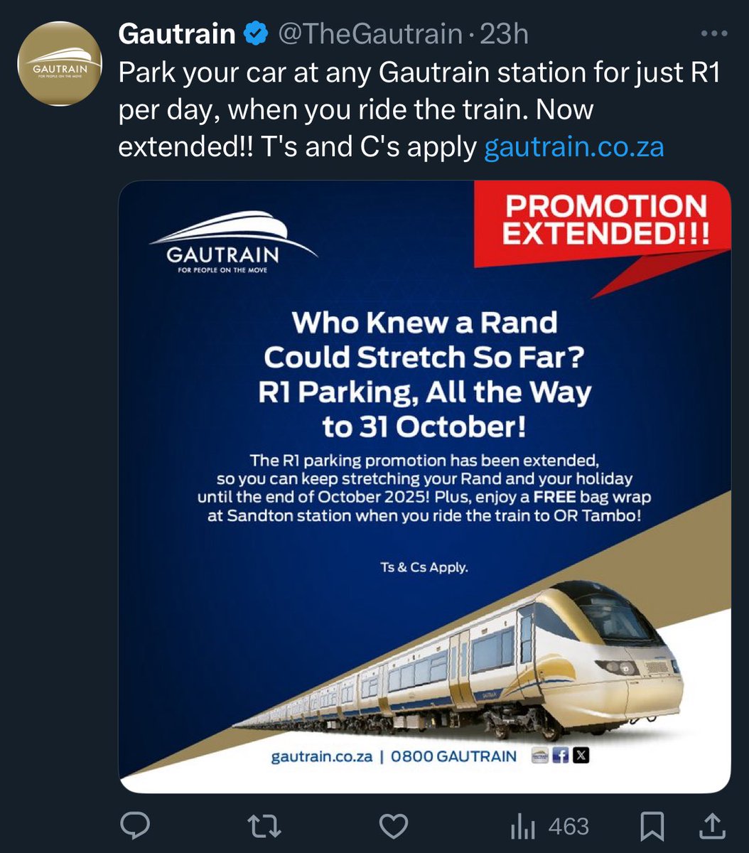 Beware the two different versions of this <a href="/TheGautrain/">Gautrain</a> promo ad. Only one indicates outright that the R1 a day parking promo is only valid for the first 10 days while the other relies on you to read the T&amp;C. Disingenuous and expensive if you exceed the 10-day limit <a href="/wendyknowler/">Wendy Knowler</a>
