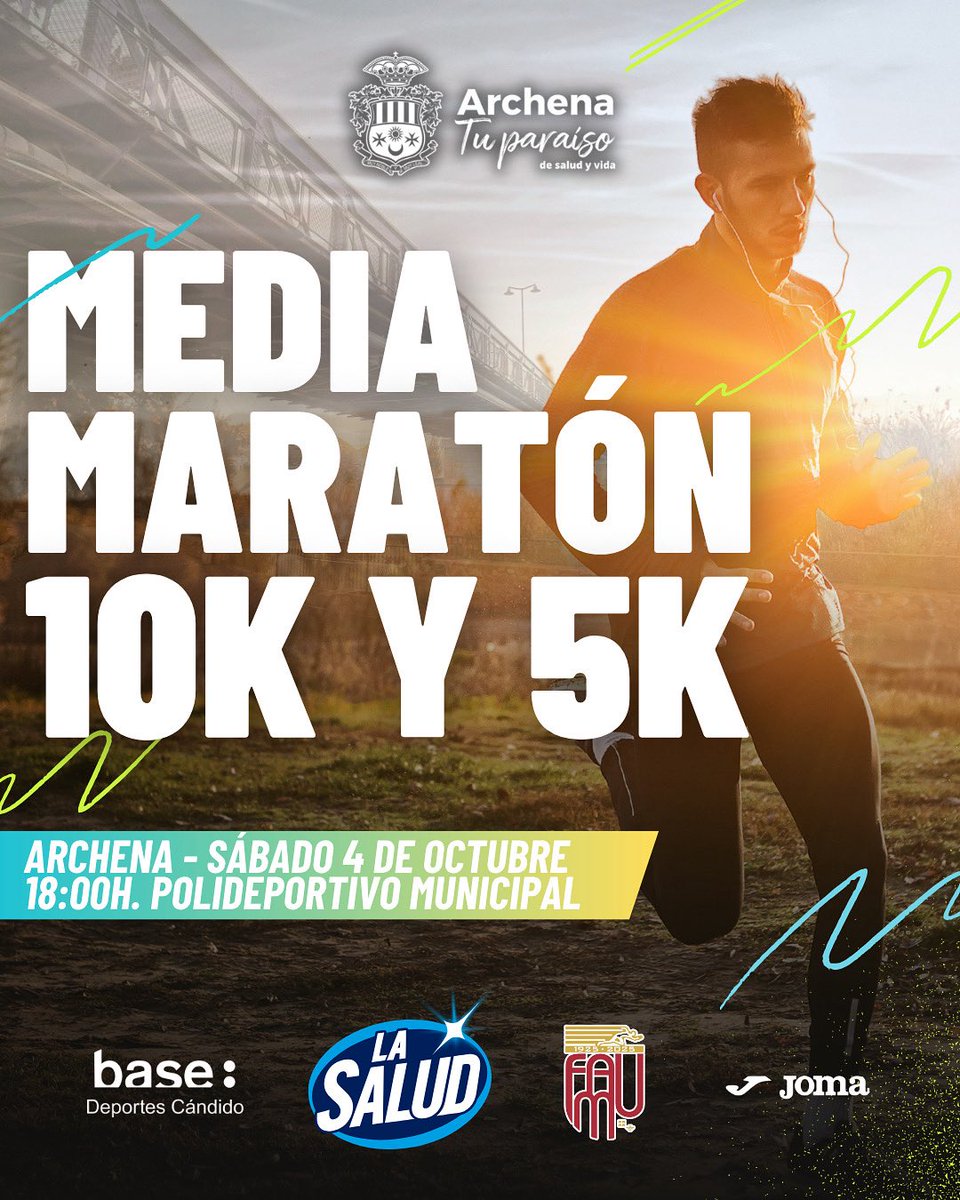 🔥 ¡La carrera del año en Archena!
📅 4 OCT · 18:00 h
🏃 Media maratón · 10K · 5K
🎽 Circuito FAMU
🎁 Bolsa top: sudadera, camiseta, calcetines, vino, gafas…
🎉 Fan Zone: música, sorteos, foodtrucks, hinchables y 🍻

🔗 inscríbete bit.ly/ArchenaRun25