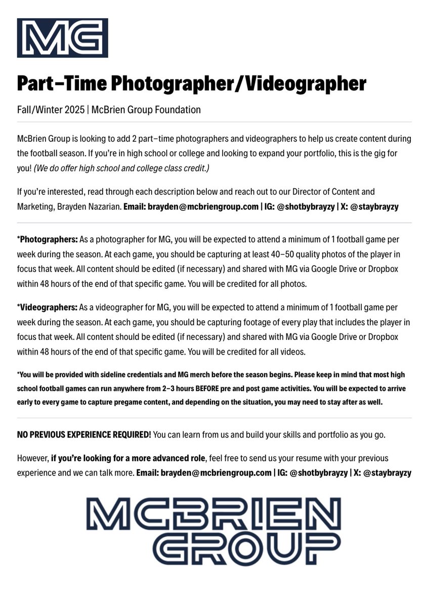 Calling all sports photographers and videographers!

If you’re looking for an opportunity to expand your portfolio and build your skillset, this is the gig for you.

DM <a href="/staybrayzy/">brayden</a> or email him at brayden@mcbriengroup.com to learn more! #MGFam