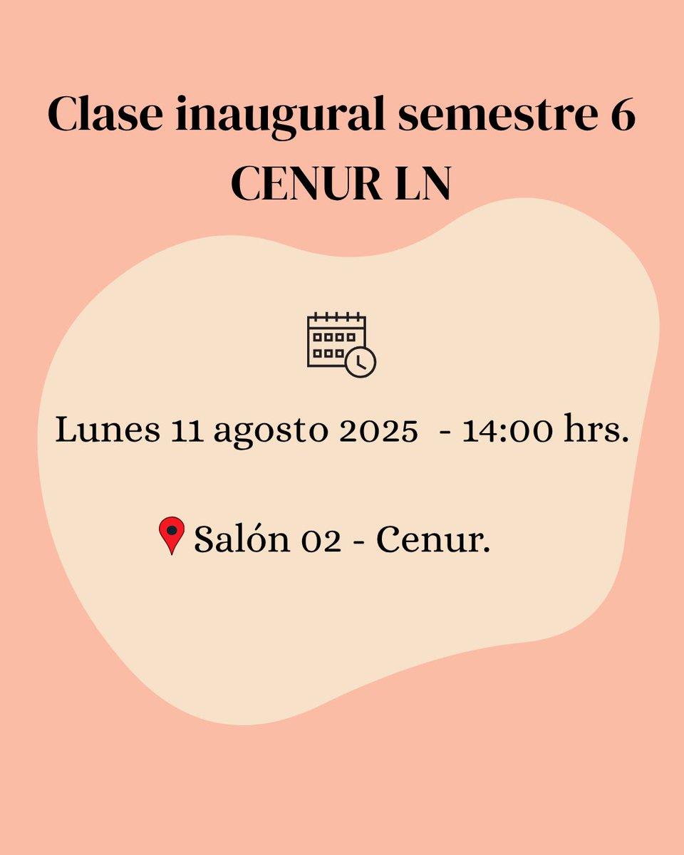 📢📢 ¡ESTUDIANTES CENUR!

Clase inaugural del semestre 6

📆 Día: Lunes 11 de agosto
🕜 Hora: 14:00 h
📍 Modalidad: Presencial en salón 2 del Cenur.