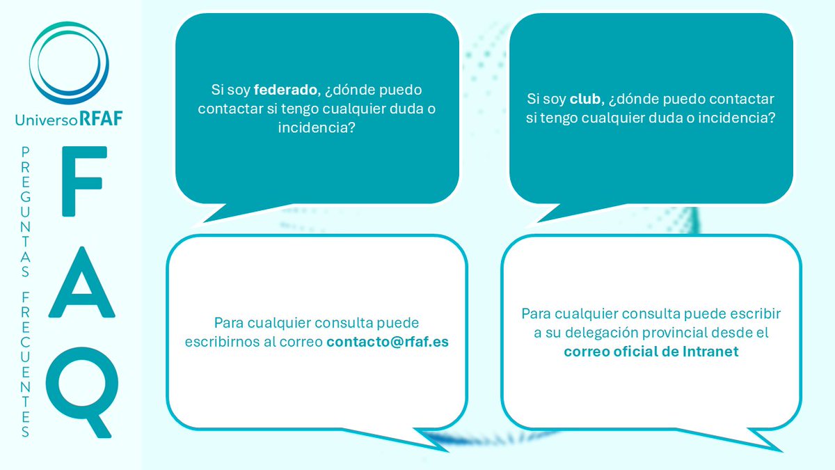 RFAF (@rfaf) on Twitter photo 🌀 𝔼𝕝 𝔽𝕦́𝕥𝕓𝕠𝕝 𝕖𝕤 𝕌𝕟𝕚𝕧𝕖𝕣𝕤𝕠
🤔 ¿Tienes dudas con respecto a Universo RFAF? ¿Has tenido una incidencia?
📩 Contacta con nosotros y te ayudaremos a resolverlas:
📨 Si eres federado: contacto@rfaf.es
📨 Si eres un club: Intranet RFAF
👉 Regístrate a través de 🌀 𝔼𝕝 𝔽𝕦́𝕥𝕓𝕠𝕝 𝕖𝕤 𝕌𝕟𝕚𝕧𝕖𝕣𝕤𝕠
🤔 ¿Tienes dudas con respecto a Universo RFAF? ¿Has tenido una incidencia?
📩 Contacta con nosotros y te ayudaremos a resolverlas:
📨 Si eres federado: contacto@rfaf.es
📨 Si eres un club: Intranet RFAF
👉 Regístrate a través de