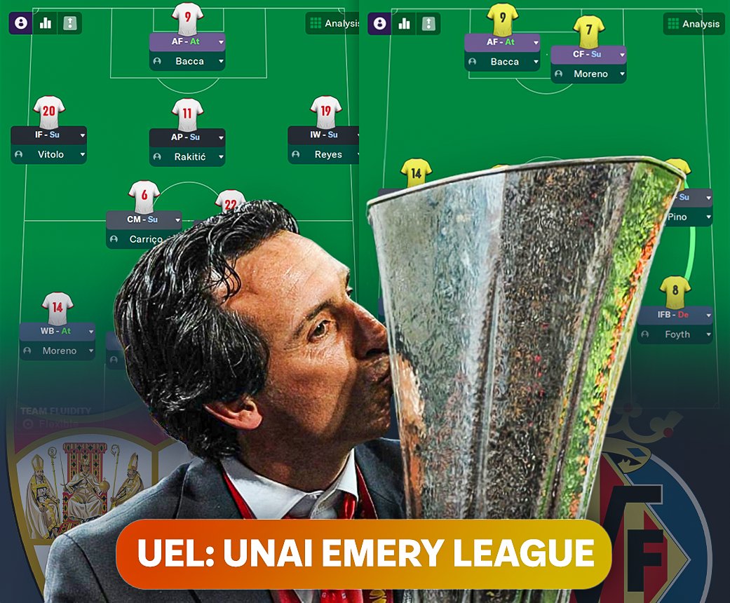 No one understands knockout football like Unai Emery.
Built Sevilla from the ruins.
Tamed Europe with Villarreal.
Adjusted roles &amp; formations.

This is the story of how he built Europa League winning machines. 🧵
#Tactics #FM24