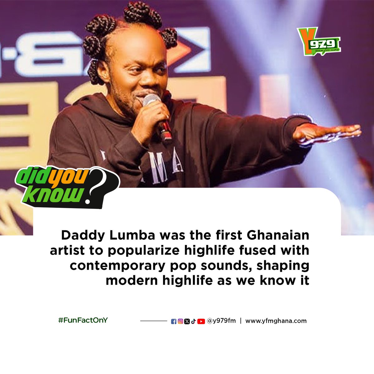 Did You Know: Daddy Lumba was the first Ghanaian artist to popularize highlife fused with contemporary pop sounds, shaping modern highlife as we know it.

#YFMGhana
#DidYouKnow