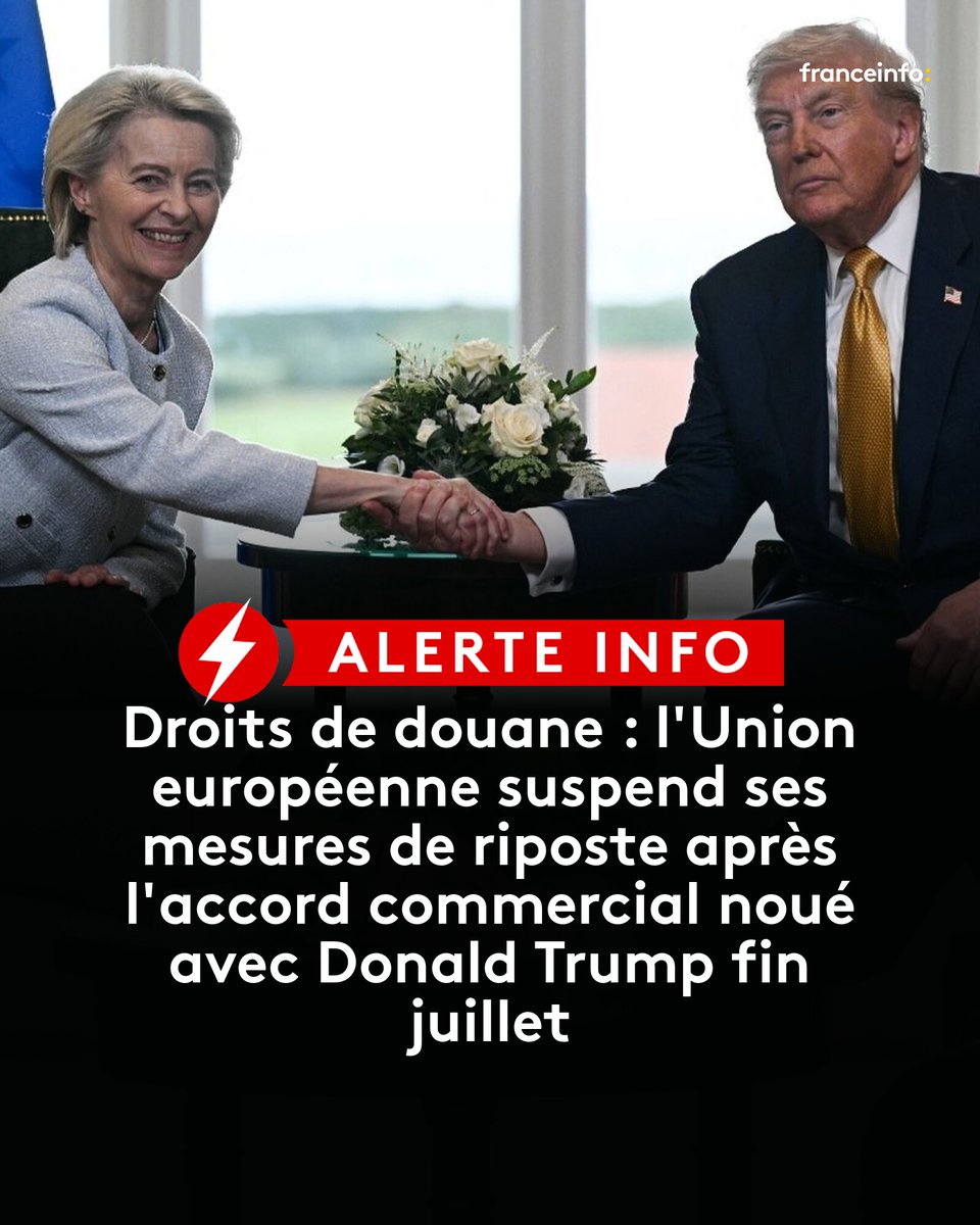🔴⚡ ALERTE INFO - Droits de douane : l'Union européenne suspend ses mesures de riposte après l'accord commercial noué avec Donald Trump fin juillet
➡️ l.franceinfo.fr/Xgv