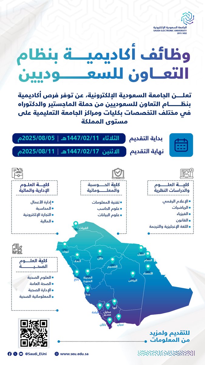 🧑‍💻تعلن #الجامعة_السعودية_الإلكترونية عن توفر فرص وظيفية أكاديمية بنظام التعاون للسعوديين من حملة الماجستير والدكتوراه في مختلف التخصصات بكليات ومراكز الجامعة.

🗓 آخر موعد للتقديم: الاثنين 11 اغسطس  2025م

للمزيد:
seu.edu.sa/ar/advertiseme…

#رواد_تعليم_المستقبل