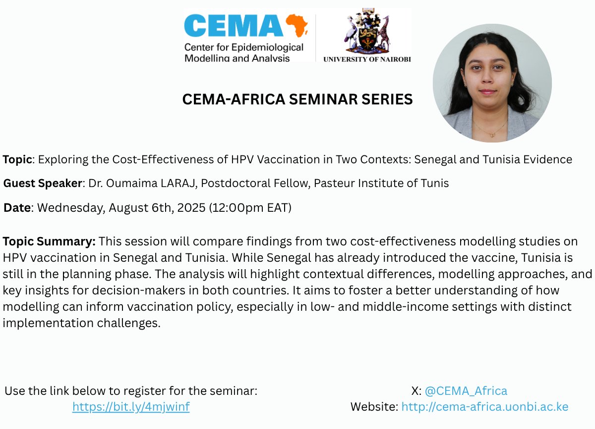 Join us tomorrow!

The CEMA - Africa Seminar Series is back and the next series is happening tomorrow, Wed Aug 6th, 2025 (12:00pm EAT)

Zoom registration is here: us02web.zoom.us/meeting/regist…

Looking forward to your participation!