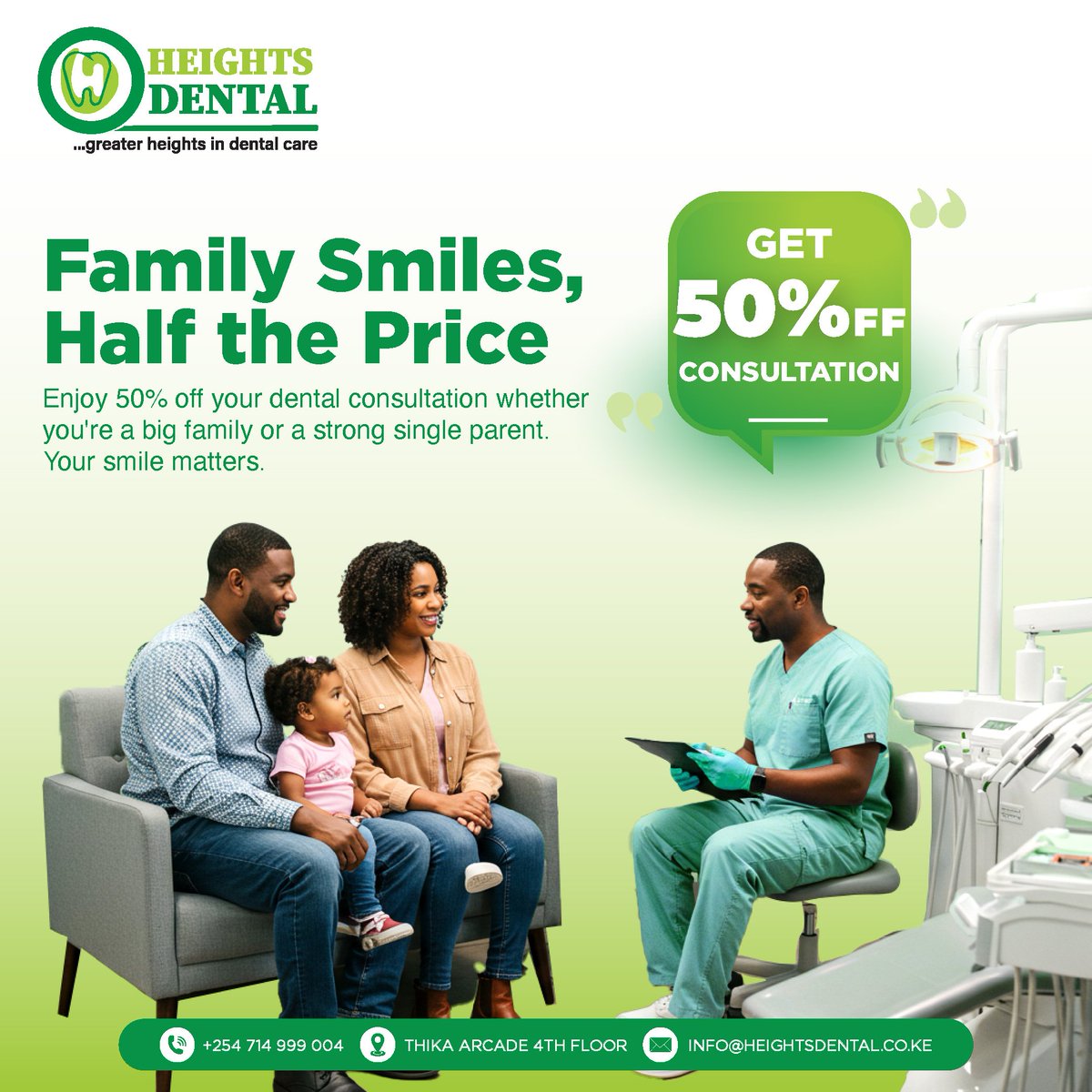 HeightsDen2023's tweet image. 🦷 AUGUST DEAL!
Get 50% OFF dental consultation for your family at Heights Dental! 💙

📍 Thika Arcade, 4th Floor
📞 Call/WhatsApp: 0714 999 004

Smile brighter this month! 😄
#HeightsDental #ThikaDentist #AugustOffer
